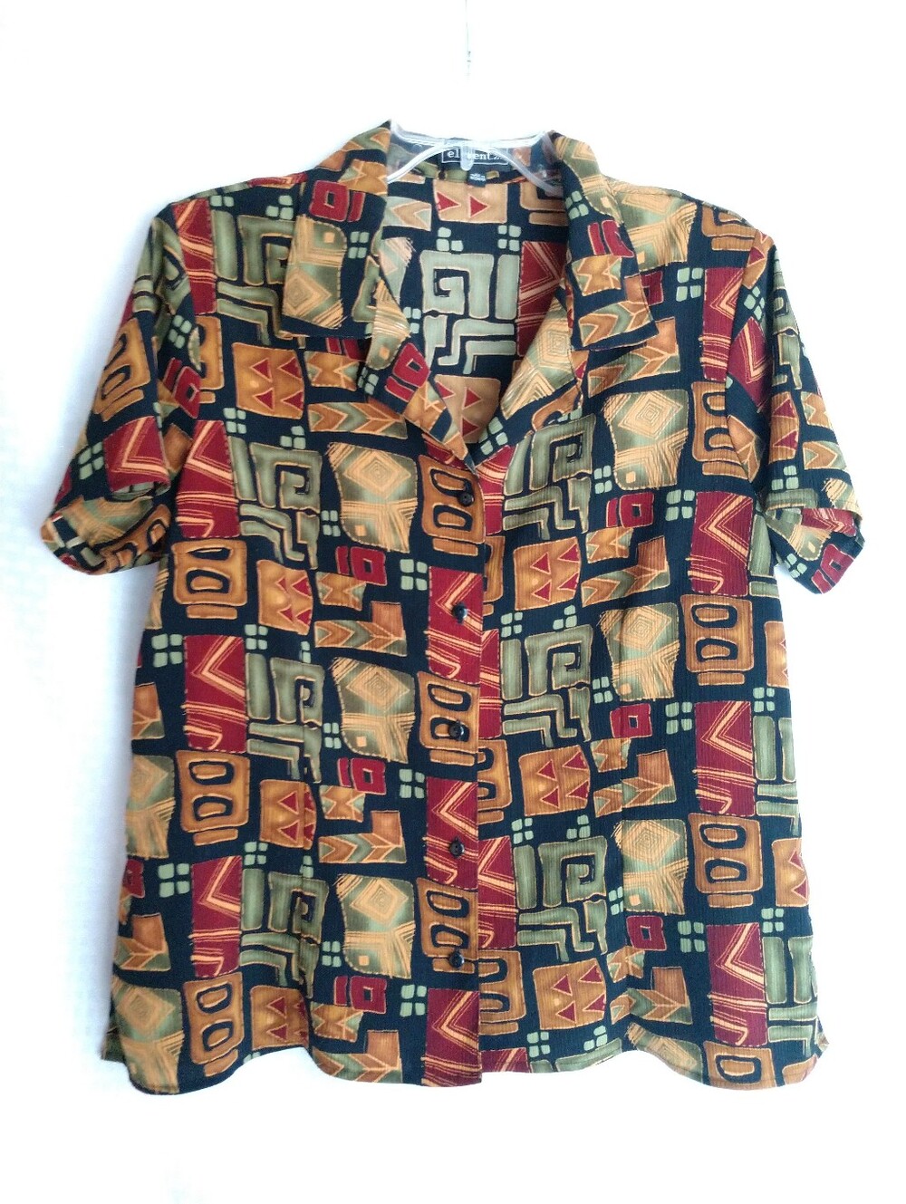 Vintage Elementz Women's Short Sleeve Camp Shirt Brown Green Large Chest 40"